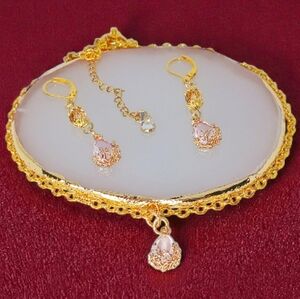 Gold Necklace Earring Set Pink Gems Bling Ice Iced Out Frost Modern Retro Glam